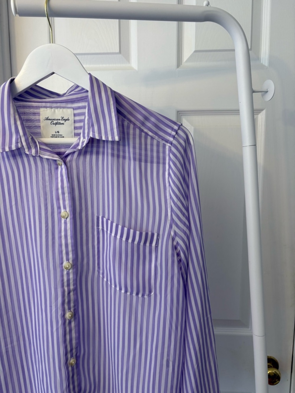 American Eagle Purple & White Striped Button Down Shirt Semi Sheer Size Large - Picture 12 of 15